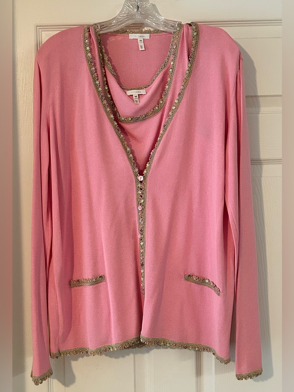ESCADA Pink Knit Sequined Lace Trim Cardigan & Tank Top Set